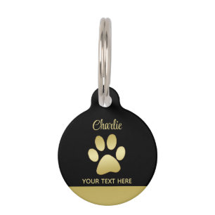 Gold Shiny Dog Paw on black background Pet ID Tag