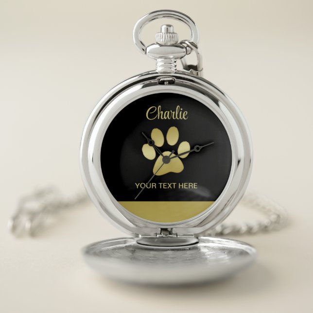  Gold Shiny Dog Paw on black background Pocket Watch (Inside)