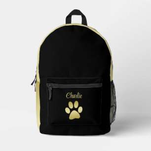 Gold Shiny Dog Paw on black background Printed Backpack