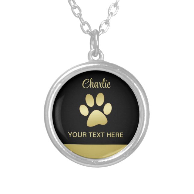  Gold Shiny Dog Paw on black background Silver Plated Necklace (Front)