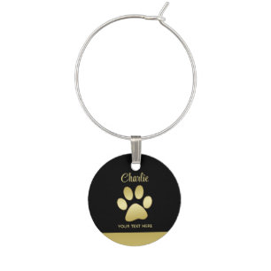  Gold Shiny Dog Paw on black background Wine Charm