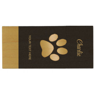 Gold Shiny Dog Paw on black background Wood Flash Drive