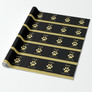  Gold Shiny Dog Paw on black background Wrapping Paper