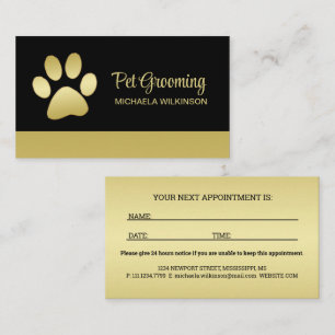 Gold Shiny Dog Paw on black Pet Grooming Service Appointment Card