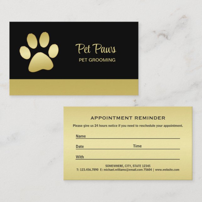  Gold Shiny Dog Paw on black Pet Grooming Service  Appointment Card (Front/Back)