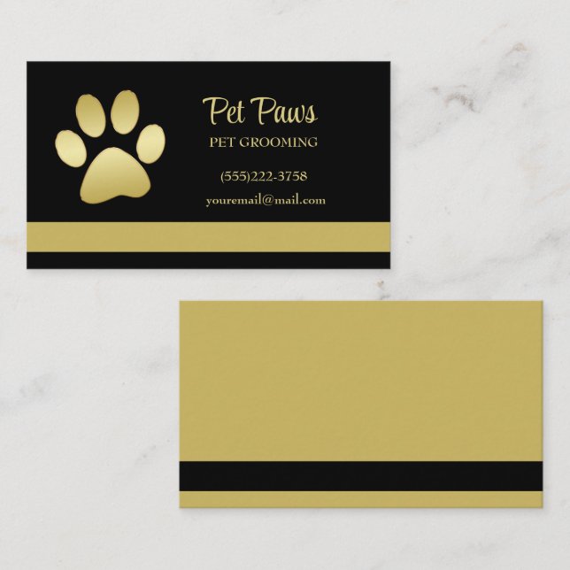  Gold Shiny Dog Paw on black Pet Grooming Service  Business Card (Front/Back)