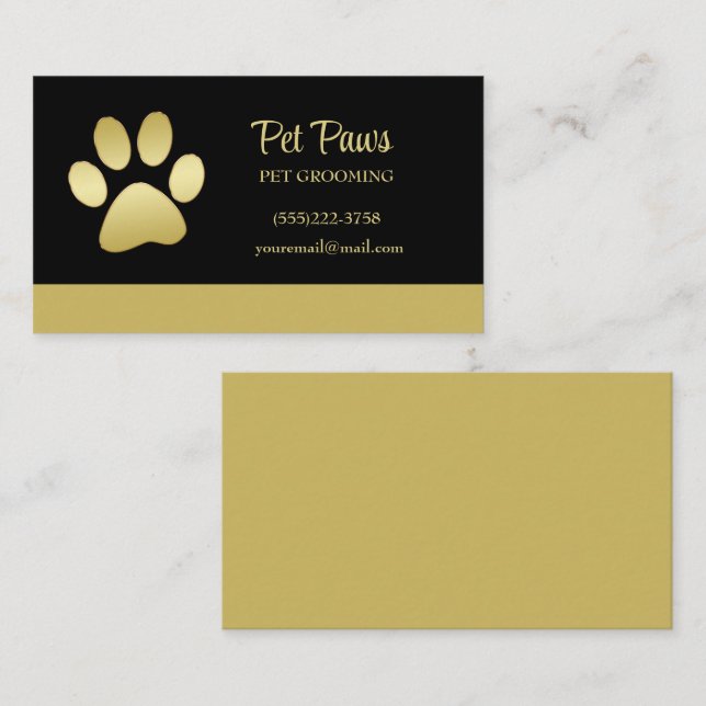  Gold Shiny Dog Paw on black Pet Grooming Service  Business Card (Front/Back)