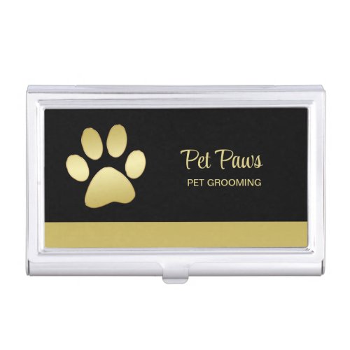  Gold Shiny Dog Paw on black Pet Grooming Service  Business Card Case