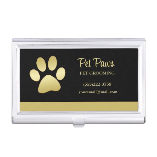  Gold Shiny Dog Paw on black Pet Grooming Service  Business Card Case