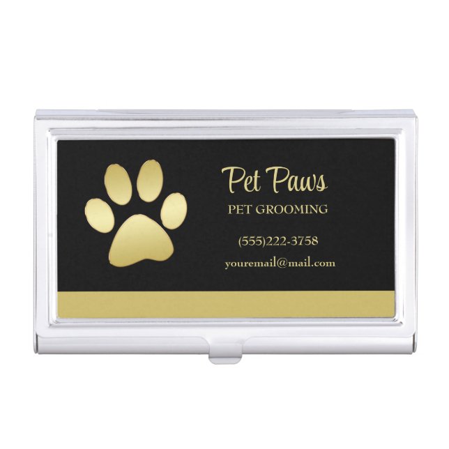  Gold Shiny Dog Paw on black Pet Grooming Service  Business Card Case (Front)