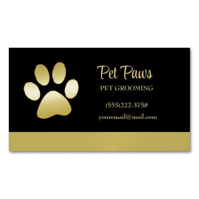  Gold Shiny Dog Paw on black Pet Grooming Service  Business Card Magnet (Front)