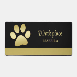 Gold Shiny Dog Paw on black Pet Grooming Service Desk Mat