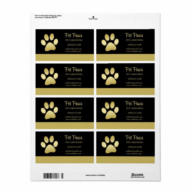  Gold Shiny Dog Paw on black Pet Grooming Service  Label (Full Sheet)