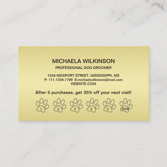 Gold Shiny Dog Paw on black Pet Grooming Service Loyalty Card (Back)