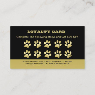  Gold Shiny Dog Paw on black Pet Grooming Service  Loyalty Card
