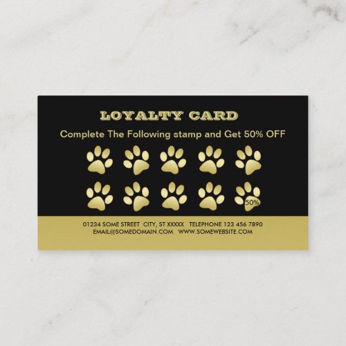  Gold Shiny Dog Paw on black Pet Grooming Service  Loyalty Card