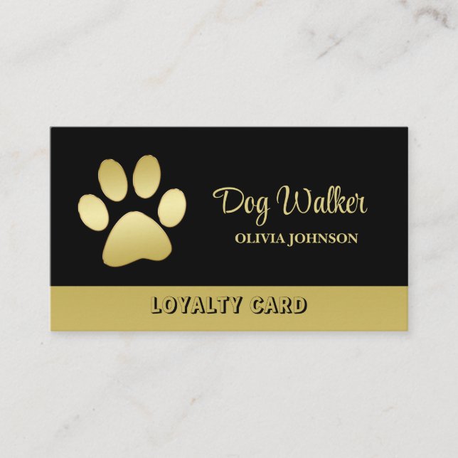  Gold Shiny Dog Paw on black Pet Grooming Service  Loyalty Card (Front)