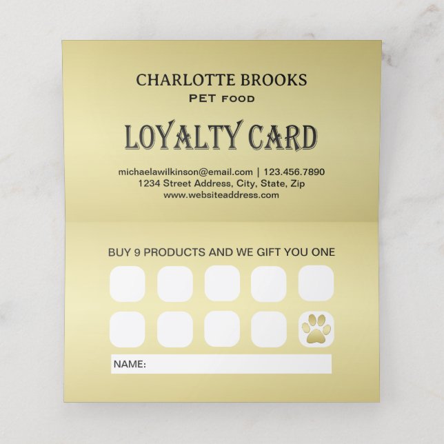  Gold Shiny Dog Paw on black Pet Grooming Service  Loyalty Card (Inside Unfolded)