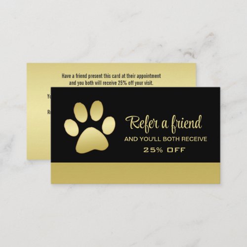  Gold Shiny Dog Paw on black Pet Grooming Service  Referral Card