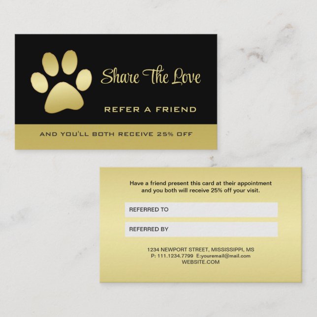  Gold Shiny Dog Paw on black Pet Grooming Service  Referral Card (Front/Back)