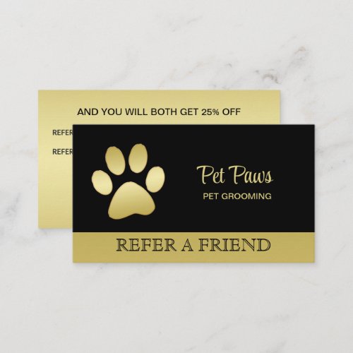  Gold Shiny Dog Paw on black Pet Grooming Service  Referral Card