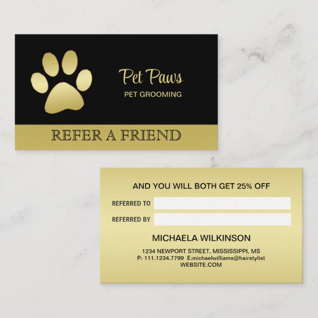  Gold Shiny Dog Paw on black Pet Grooming Service  Referral Card (Front/Back)