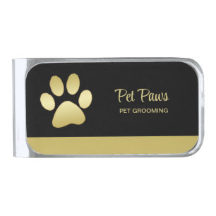 Gold Shiny Dog Paw on black Pet Grooming Service Silver Finish Money Clip
