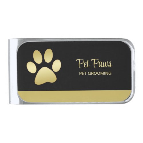  Gold Shiny Dog Paw on black Pet Grooming Service  Silver Finish Money Clip