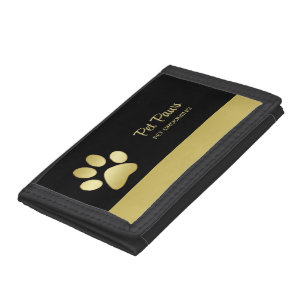  Gold Shiny Dog Paw on black Pet Grooming Service  Tri-fold Wallet