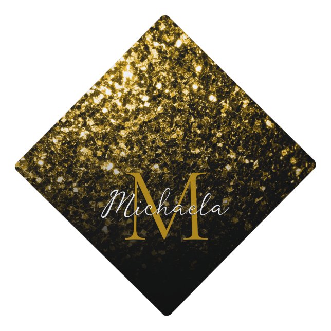 Gold shiny faux glitter sparkle Monogram Graduation Cap Topper (Front)