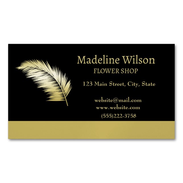 Gold Shiny Flower Palm Leaves on black  Business Card Magnet (Front)