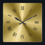Gold Shiny Metallic Texture Roman Numerals Square Wall Clock<br><div class="desc">Image of metallic gold texture stainless steel look wall clock. Black Roman Numeral Face.
Not real steel but an image that looks like steel.</div>