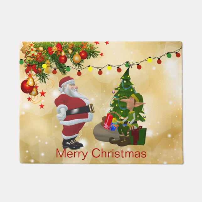 Gold, Shiny, Santa Claus & Elf, Christmas Doormat (Front)