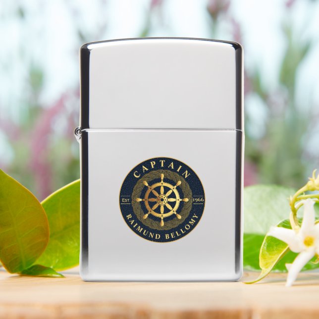 Gold Ship Wheel Helm Zippo Lighter (On Table)
