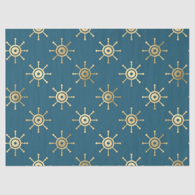 Gold Ship Wheels on Blue/Green Decoupage Tissue Paper (Front)