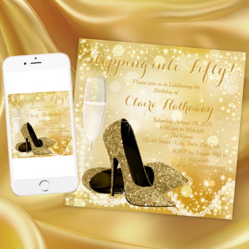 Gold Shoe Any Number Stepping Into Birthday Party Invitation