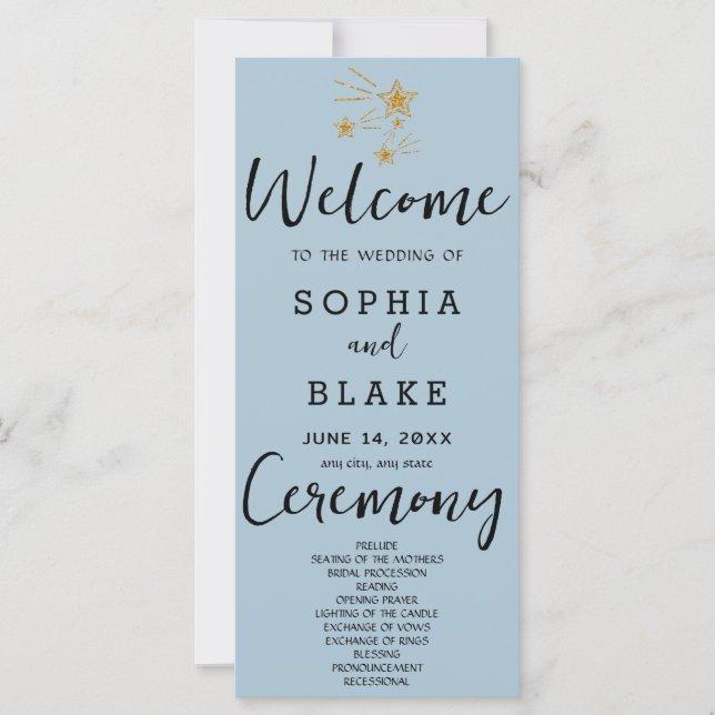 Gold Shooting Stars Blue Gray Wedding Program (Front)