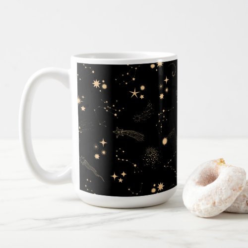 Gold shooting stars comets planets sky night coffee mug