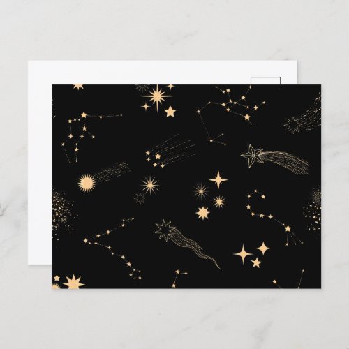 Gold shooting stars comets planets sky night postcard