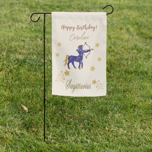 Gold Shooting Stars & Sagittarius Birthday Garden Flag (In SItu)