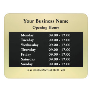 Gold shop business opening hours times door sign
