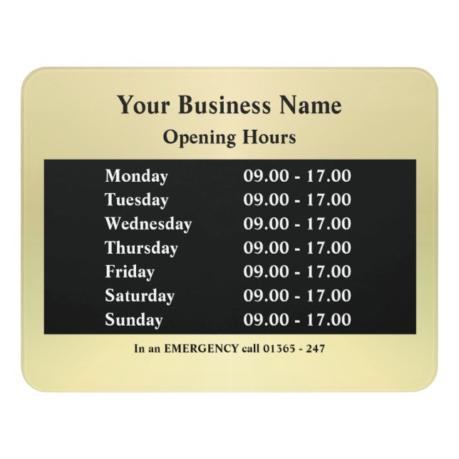Gold shop business opening hours times door sign (Contemporary Front)