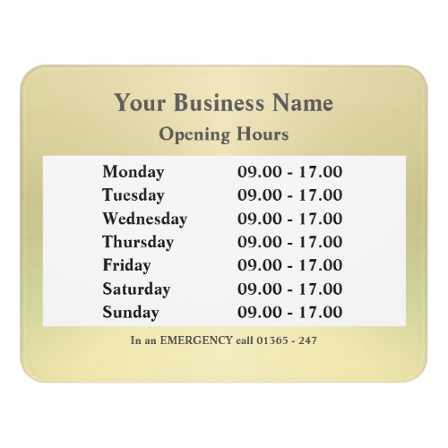 gold shop business opening hours times door sign