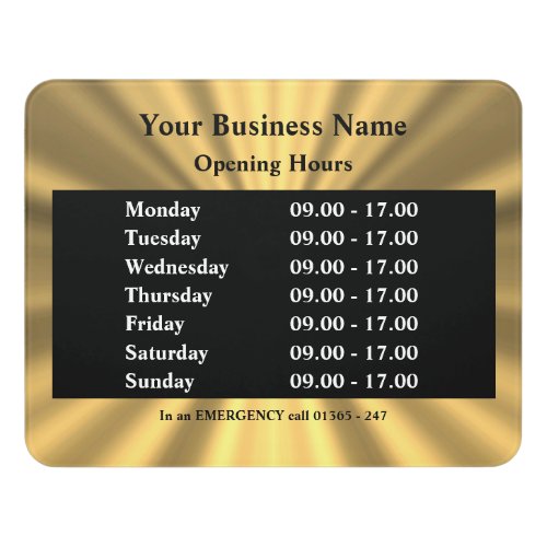 Gold shop business opening hours times door sign