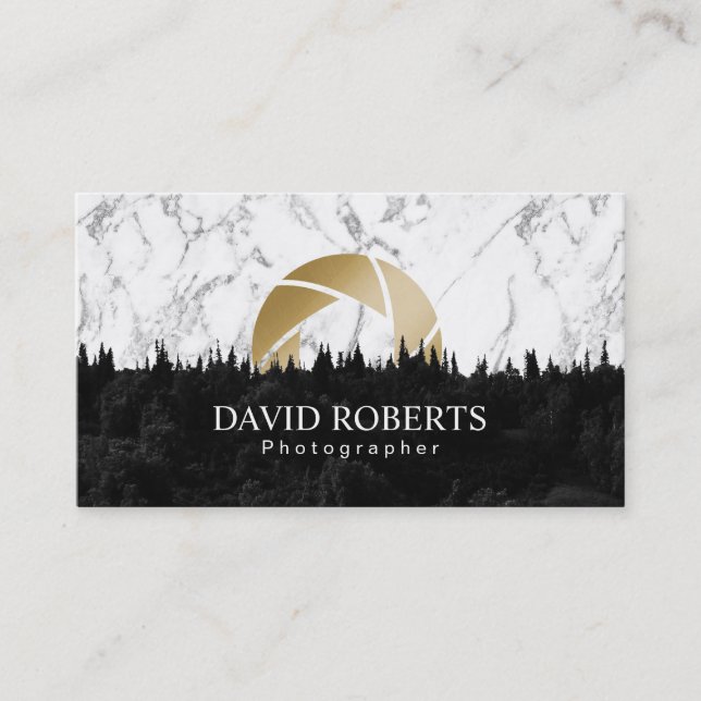 Gold Shutter Modern Marble Photography Business Card (Front)