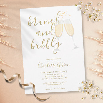 Gold Signature Script Brunch Bubbly Bridal Shower Invitation by thisisnotmedesigns at Zazzle