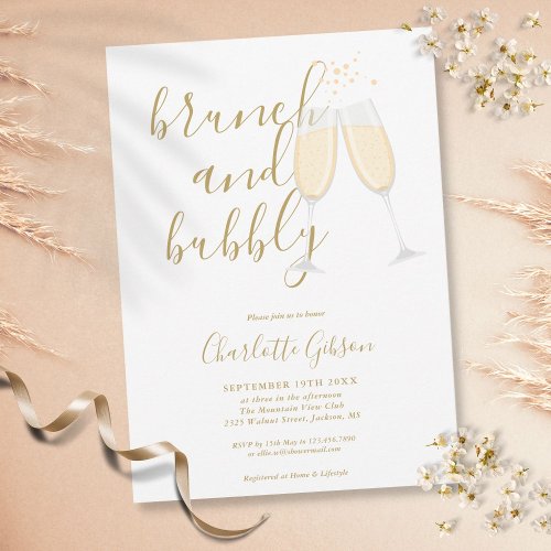 Gold Signature Script Brunch Bubbly Bridal Shower Invitation