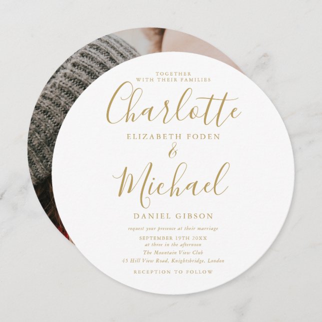 Gold Signature Script Circular Photo Wedding Invitation (Front/Back)