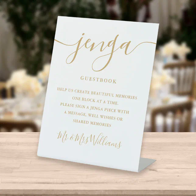 Gold Signature Script Jenga Wedding Guestbook Pedestal Sign | Zazzle