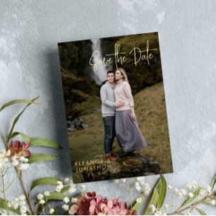 Gold Signature Script Photo Save the Date Foil Invitation